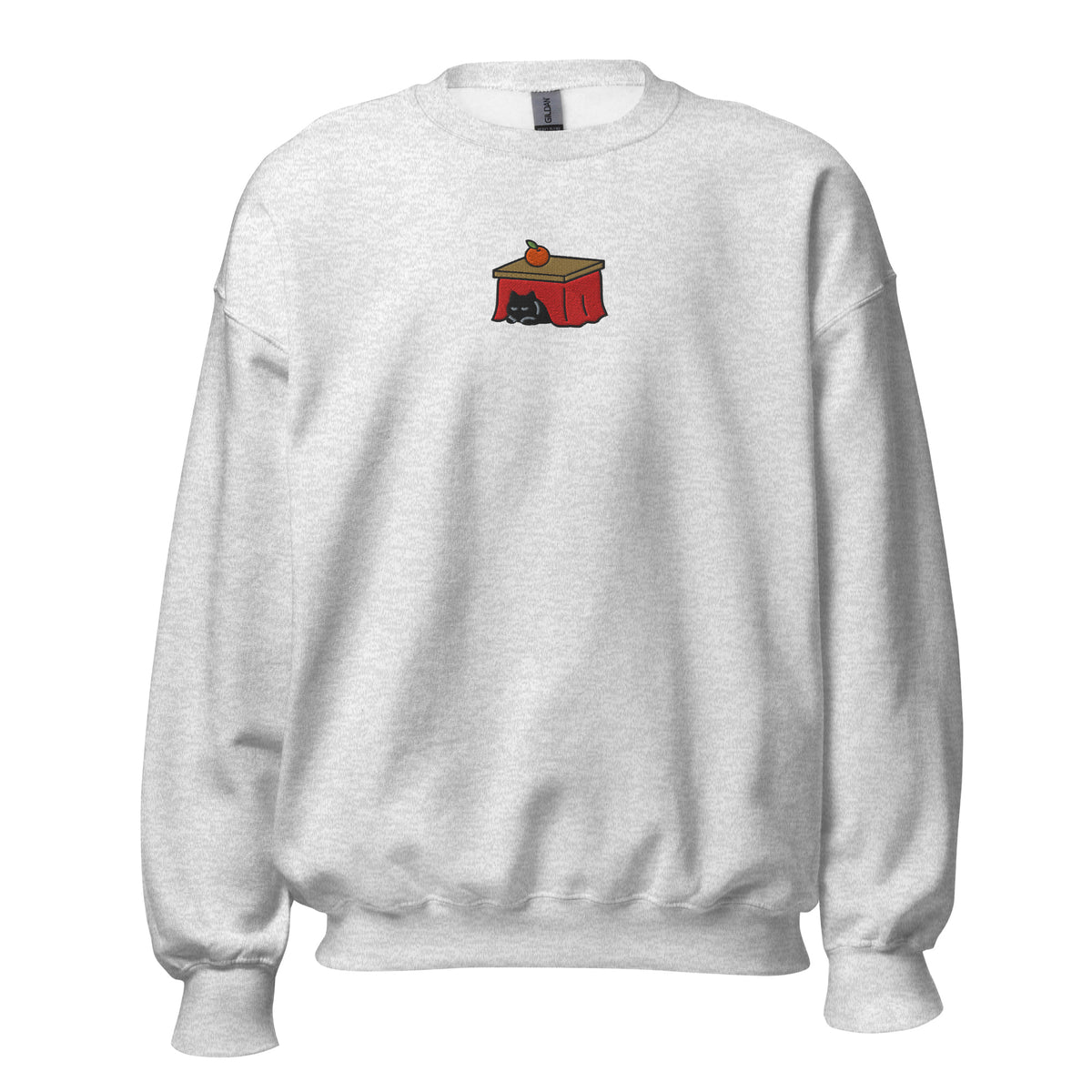 Ash grey crewneck sweatshirt with the embroidered Kotatsu Cat design, front view