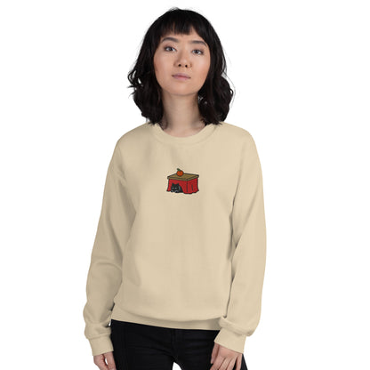 Woman wearing the sand Kotatsu Cat embroidered sweatshirt