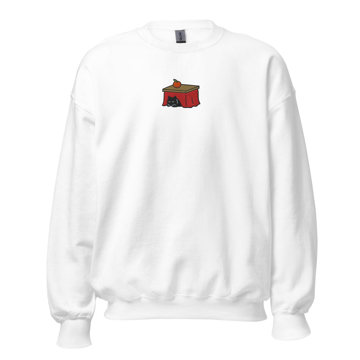 White crewneck sweatshirt with the embroidered Kotatsu Cat design, front view